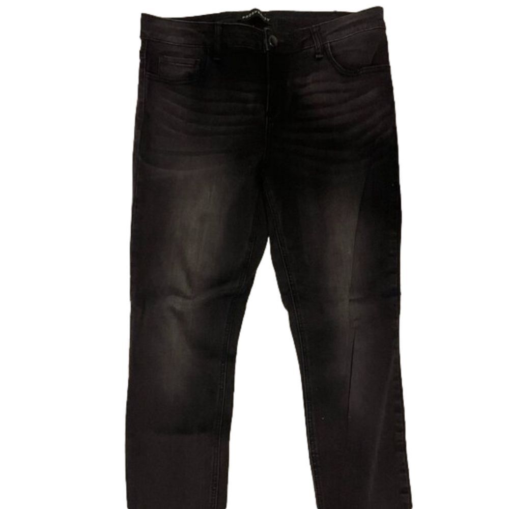 Skinny pants jeans ankle cut hem, faded black denim, distressed - Prosperity - s